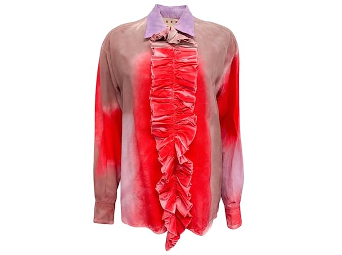 Marni Tie Dye Blouse with Detachable Front Ruffle Red Viscose  ref.1111641