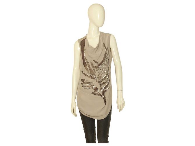Helmut Lang Beige Draped Longer Front Sequined Silk Sleeveless Blouse Top M