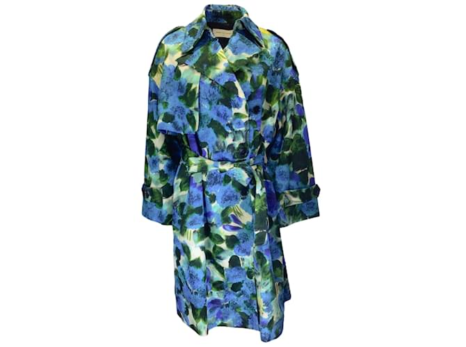 Dries van Noten Bleu / Trench-coat en coton ceinturé imprimé vert Multicolore  ref.1112067
