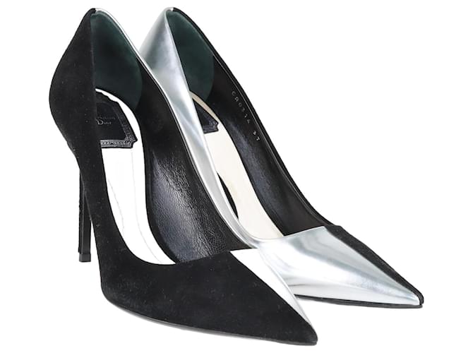 Christian Dior De color negro/Zapatos de tacón plateados con punta en punta Cuero  ref.1112078