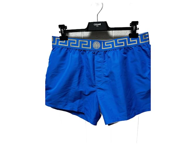 Versace Shorts De Banho Greca Azul Dourado Poliéster  ref.1112127