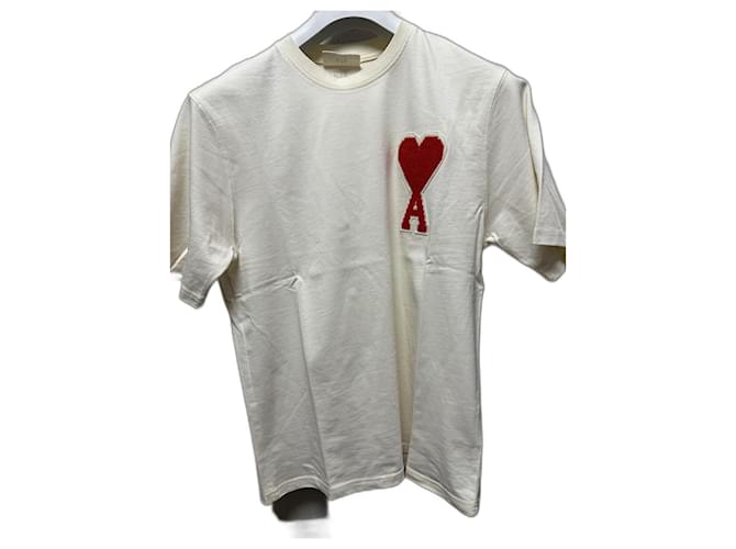 Camiseta Ami Paris Big Coeur Vermelho Bege Creme Algodão  ref.1112147