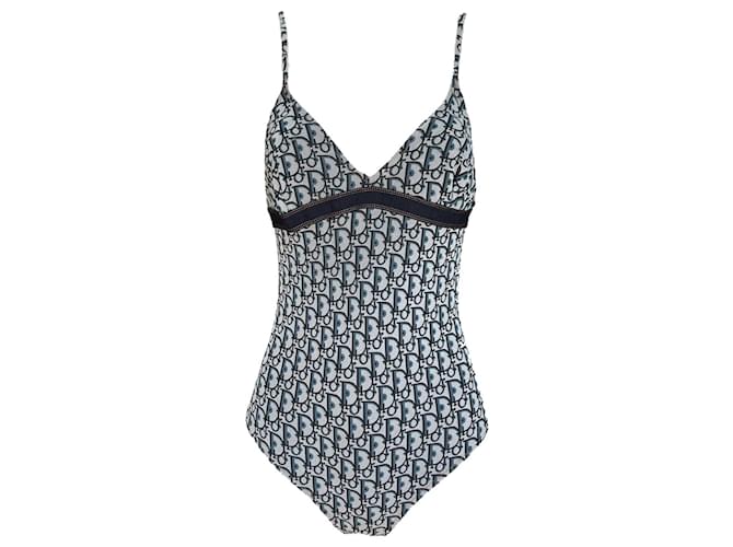 Großartiger Badeanzug, Einteiliges Monogramm von Christian Dior, Schräges Traber-Logo. Blau Grau Marineblau Polyamid  ref.1112168