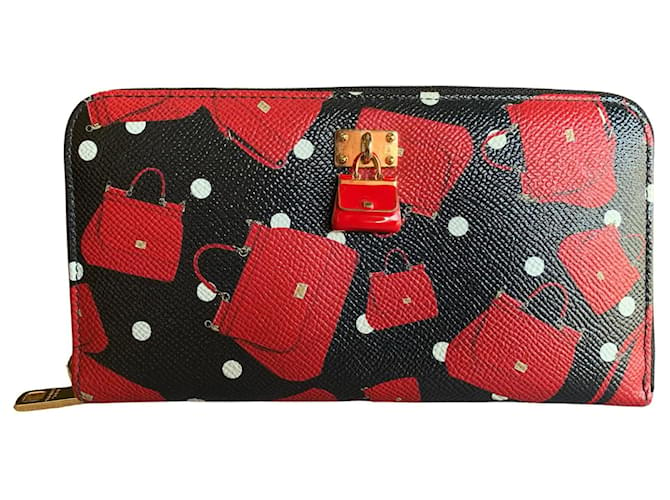 DOLCE & GABBANA zip around wallet Sicily Black Red Gold hardware Leather  ref.1112211