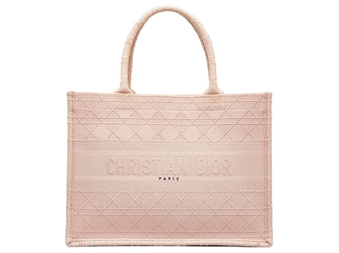 Bolsa de livro bordada Cannage média rosa Dior Lona Pano  ref.1112235