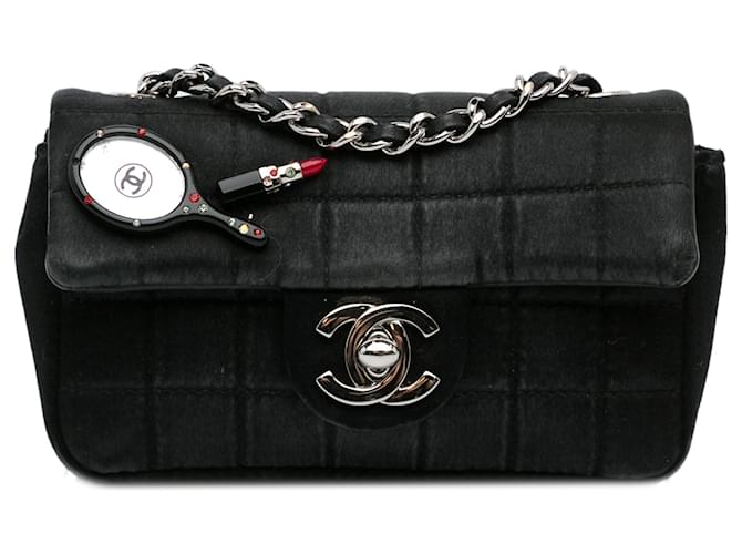 Chanel Black Extra Mini Satin Choco Bar Charms Flap Bag Cloth  ref.1112990