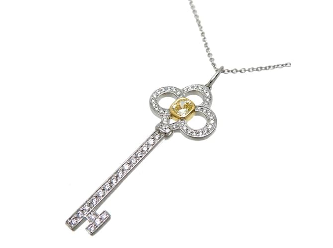 Tiffany & Co Platinum Diamond Crown Key Pendant Necklace 44271099 Silvery Metal  ref.1113212