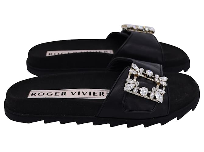 Roger Vivier Sandales Slidy Biki Vivar Mini Broche en Cuir Noir  ref.1114067