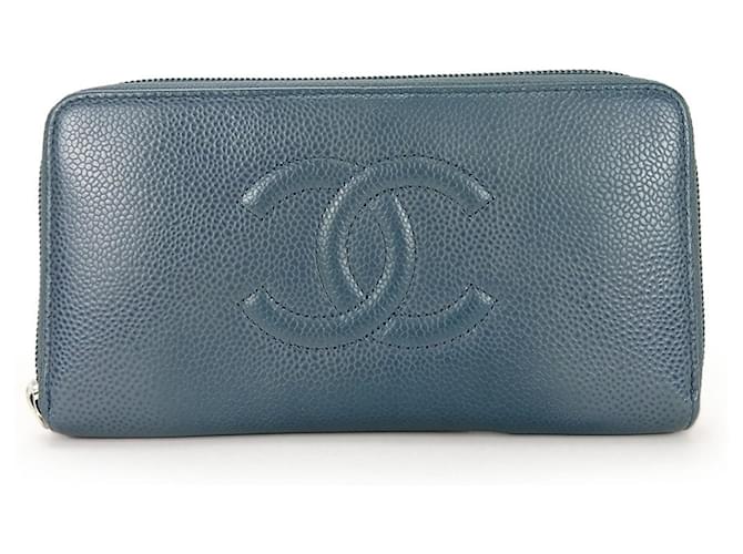 Chanel Portefeuille Zippe Blau Leder  ref.1114321
