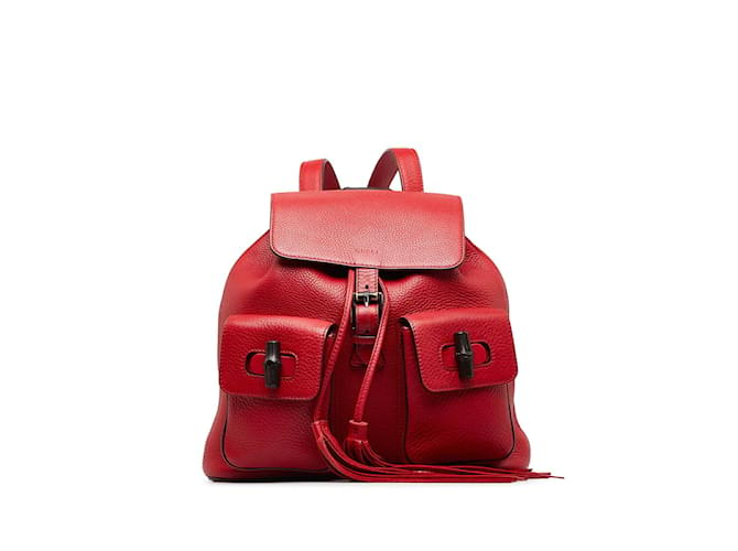 Gucci Leather Double Pocket Bamboo Backpack 370833 Red  ref.1114509