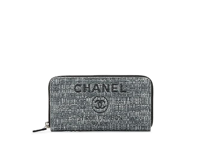 Chanel Tweed-Deauville-Geldbörse mit umlaufendem Reißverschluss Grau Leinwand  ref.1114514