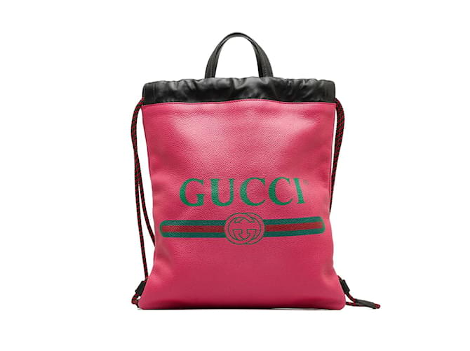 Gucci Leather Logo Drawstring Backpack 523586 Pink Pony-style calfskin  ref.1114519