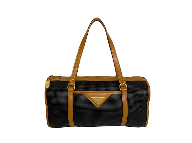 Yves Saint Laurent Boston-Tasche mit Lederbesatz Schwarz Leinwand  ref.1114583
