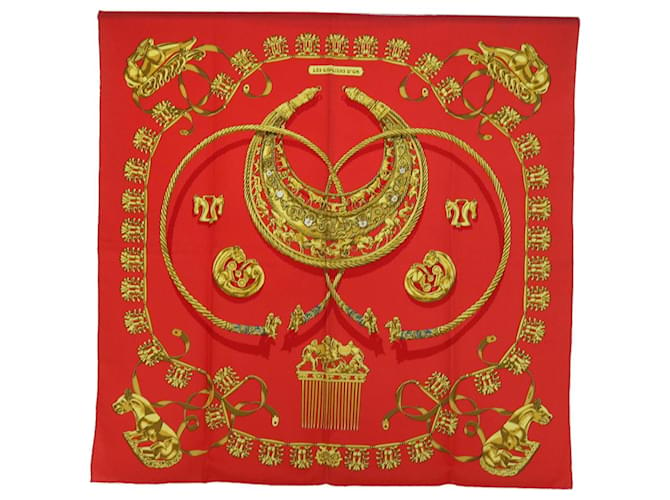Hermès HERMES CARRE 90 LES CAVAL D'OR Scarf Silk Red Auth cl815  ref.1115060