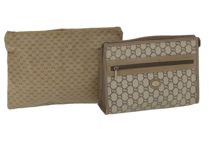 GUCCI GG PLUS Canvas Clutch Bag PVC Leder 2Set Beige Auth ti1279