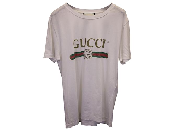 Gucci Logo-Print Distressed T-shirt in White Cotton  ref.1115418