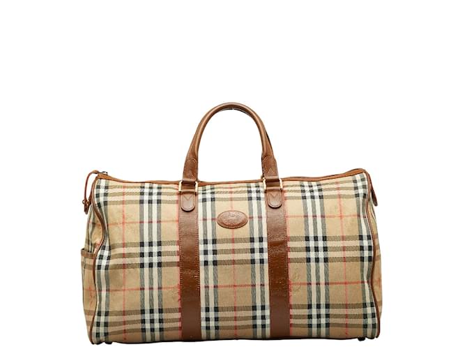 Burberry Sac Boston en toile à carreaux Haymarket Marron  ref.1115474