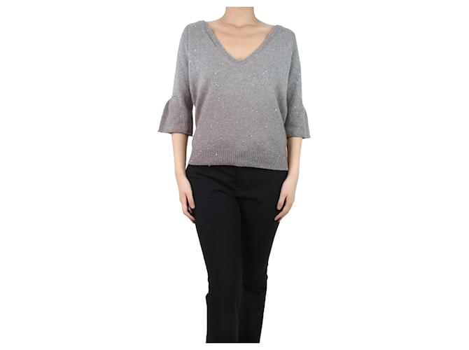 Brunello Cucinelli Grey ombre deep v-neck jumper with bell sleeves - size XL Cashmere  ref.1115598