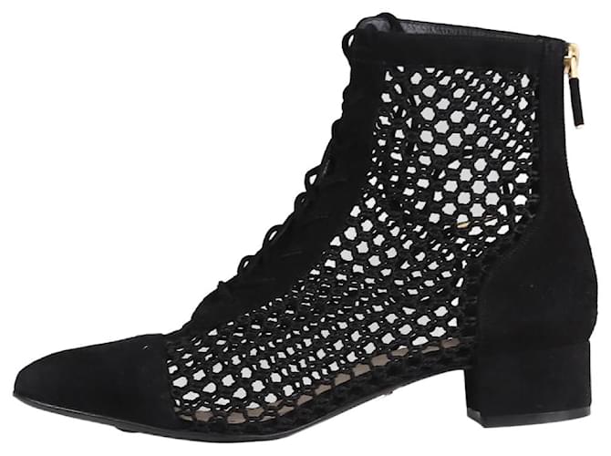 Christian Dior Botas pretas de crochê aberto com atacadores e salto baixo - tamanho UE 36.5 Preto Suécia  ref.1115605
