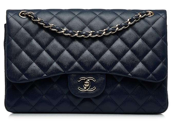Chanel Blue Jumbo Classic Caviar Double Flap Leather  ref.1115704