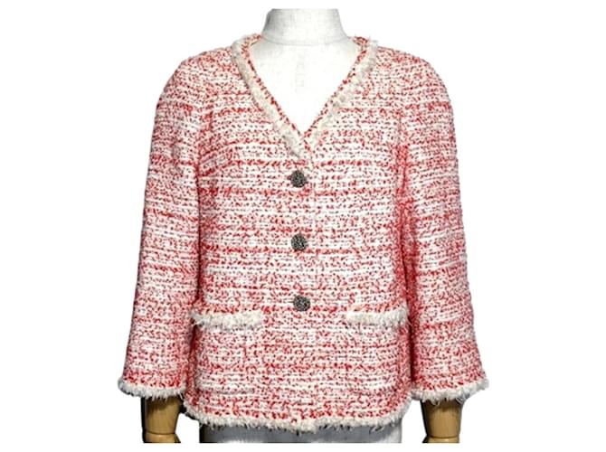 Chanel 2011 giacca corta in tweed rosso con frange FR 38 Rosa Beige Corallo  ref.1115968