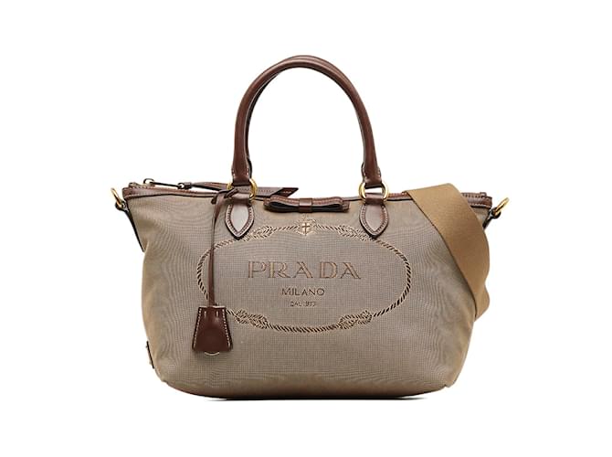 Bolso de mano de lona y piel con logotipo de Prada en jacquard 1licenciado en Letras104 En GRAN estado Castaño Lienzo  ref.1116042