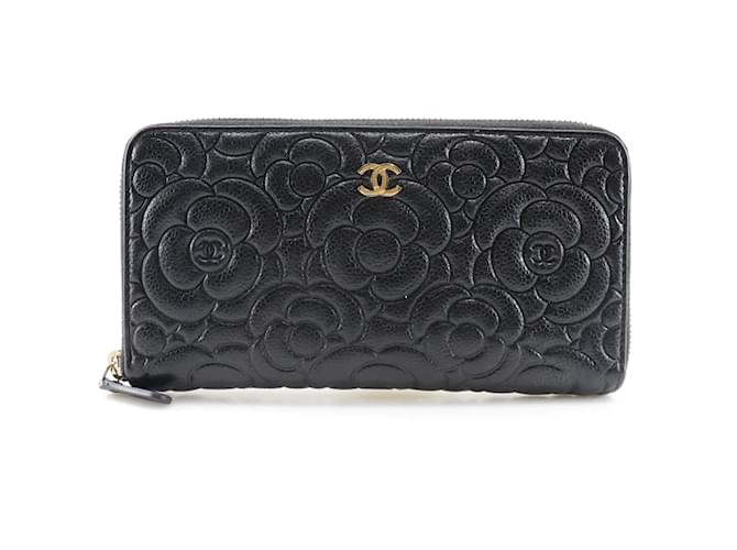 Chanel CC Camellia geprägte Geldbörse mit umlaufendem Reißverschluss A82281 Schwarz Leder  ref.1116100