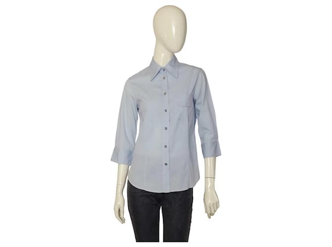 Burberry Blue Cotton 3/4 Sleeve Button Down Shirt Fitted top w. Logo size UK 8  ref.1116189