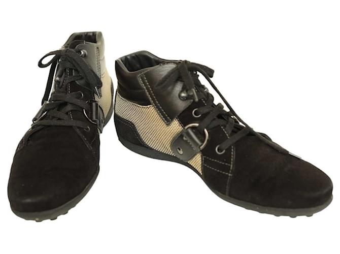 Tod's – baskets montantes en daim noir et toile Beige, chaussures à lacets, taille 37.5 Suede  ref.1116475