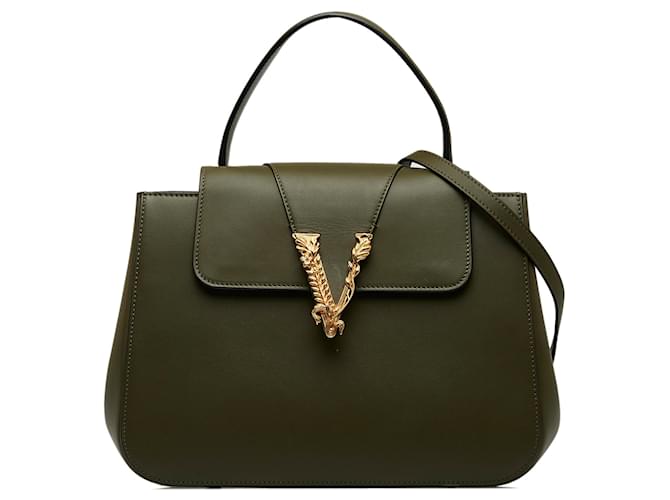 Versace bolso verde Virtus con asa superior Verde oscuro Cuero Becerro  ref.1117201