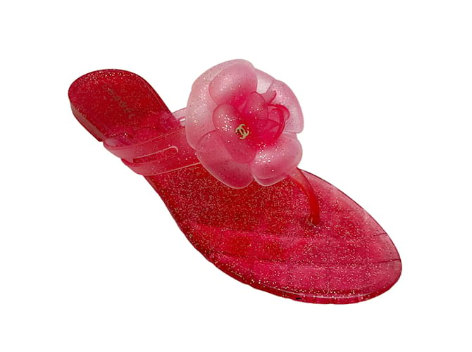 Chanel 2008 Pink Glitter Camellia Jelly Flip Flops Rubber  ref.1118437