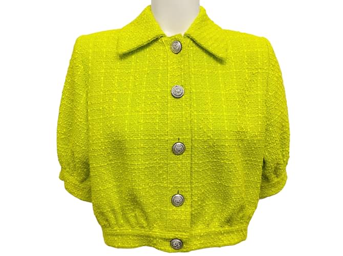 L'Agence Neon Green Short Sleeve Cropped Tweed Jacket Cotton  ref.1118444