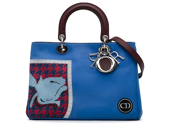 Dior Blue Medium Embroidered Diorissimo Satchel Leather Pony-style calfskin  ref.1118702