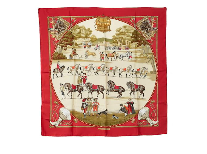 Cachecol de seda Hermès 89cm x 89cm Carré 90 Apresentação de Cavalos Multicolorido em ótimo estado Vermelho Lona  ref.1118897