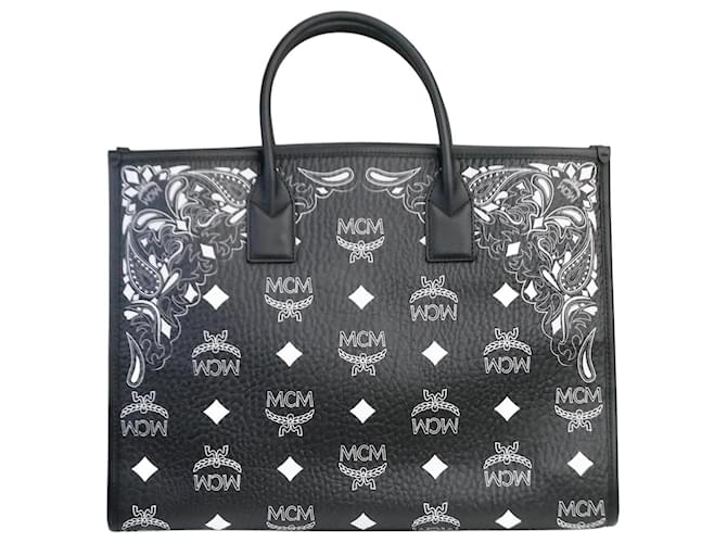 MCM Black logo print leather tote bag  ref.1119365