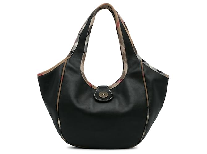Burberry Black Check-Trim Leather Hobo Bag Beige Cloth  ref.1119419