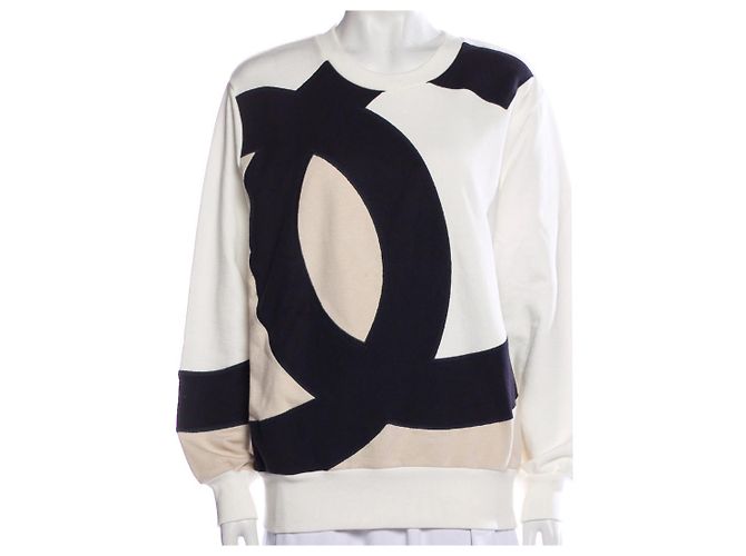 Chanel 18Pullover mit P CC-Logo FR 46 Schwarz Weiß Beige Baumwolle