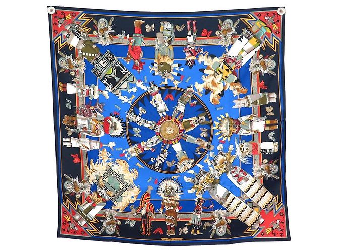 Hermès NEW HERMES KACHINAS SQUARE SCARF 90 NAVY BLUE SILK KERMIT OLIVER SCARF