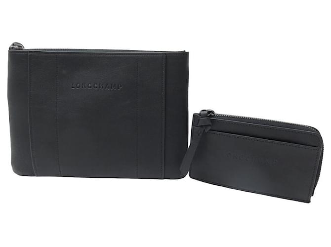 NEW LOT LONGCHAMP COIN PURSE + POUCH 3D LEATHER POUCH CARD HOLDER Black  ref.1120259