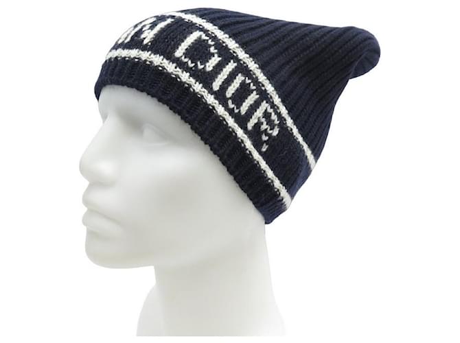 NEW CHRISTIAN DIOR LOGO & STAR WOOL CASHMERE HAT 31NOÉ714IXGH CAP Navy blue Leather  ref.1120280