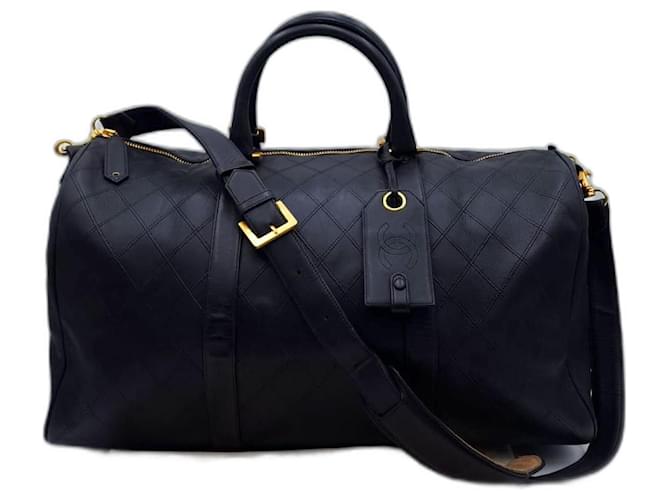Chanel Diamond Quilted Boston Duffle Travel Weekend Bag Black Leather  ref.1120401
