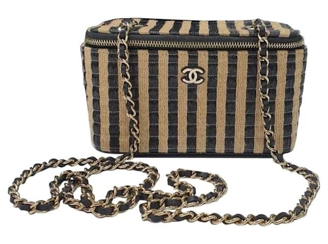 Borsa Chanel Vanity Chain in filo di rafia di iuta nero beige Multicolore Pelle Tela  ref.1120512