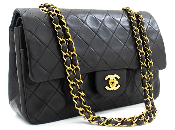 Chanel Classic gefütterte Klappe 10"Chain Shoulder Bag Black Lambskin Schwarz Leder  ref.1120864