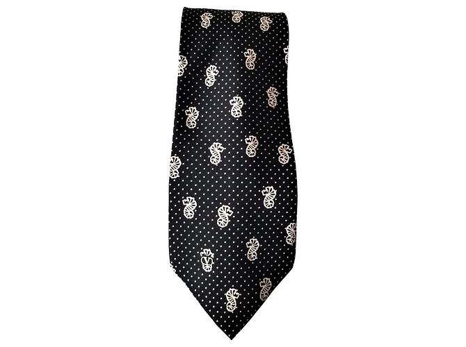 Cravatta Valentino in seta nera e bianca con motivo cavallucci marini Nero Bianco