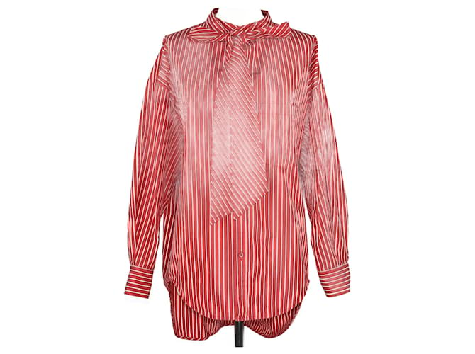 Balenciaga rojo/Camisa blanca con detalle de bolsillo a rayas Roja Algodón  ref.1121158
