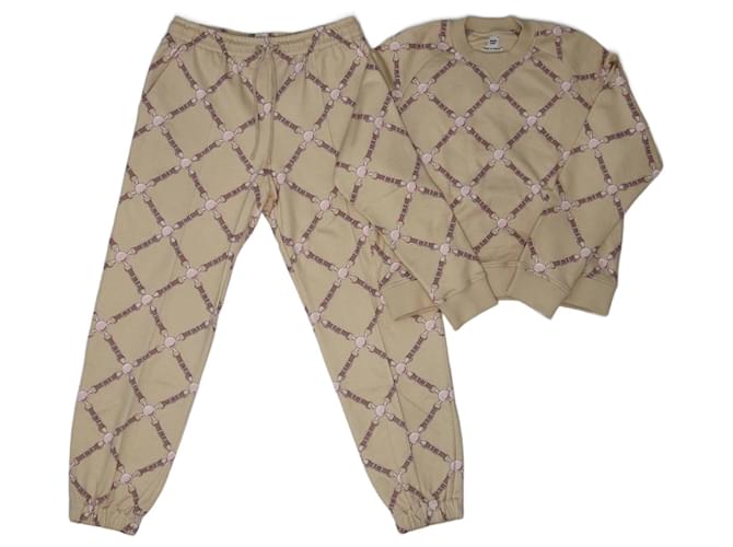 Hermès Cremefarbenes Tralala-Muster-Sweatshirt und Jogginghose Roh Baumwolle  ref.1121180