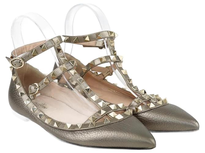 Valentino Green Studded Ankle Strap Pointed Toe Ballet Flats Leather  ref.1121181