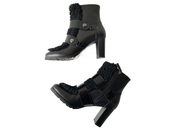 Botines Longchamp de charol y lana negra Negro