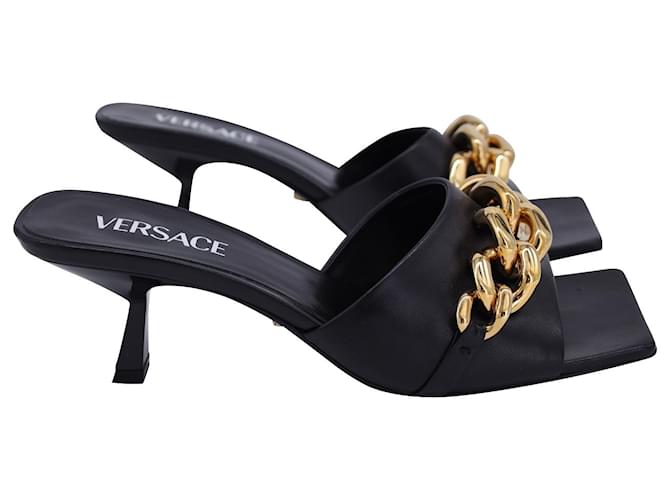 Versace Medusa Chain Link Mules in Black Leather  ref.1121257