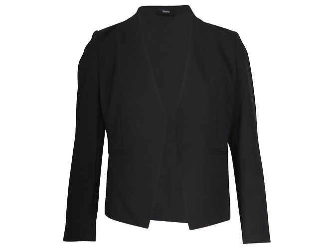 Theory Lanai Collarless Open-Front Blazer in Black Wool